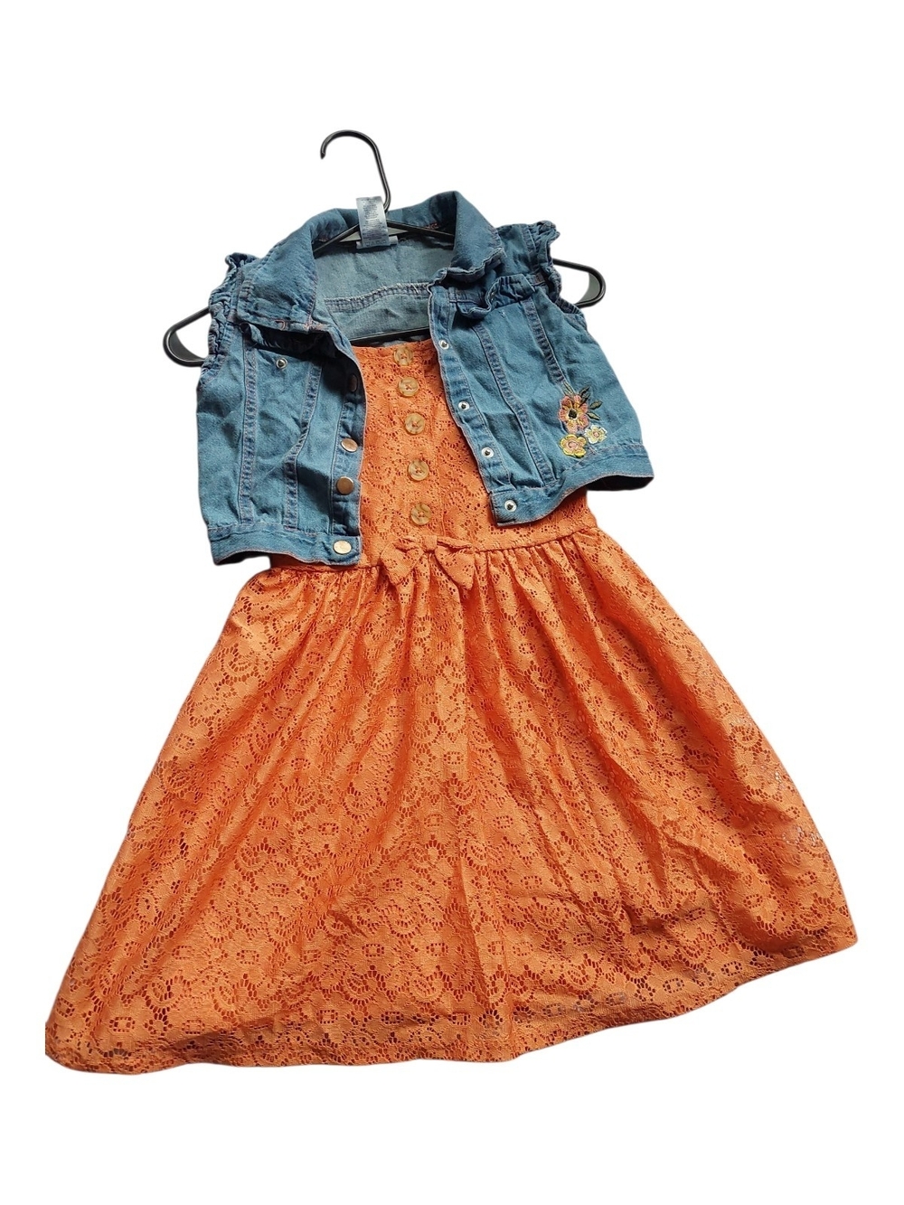 Orange Lace Dress with Denim Vest